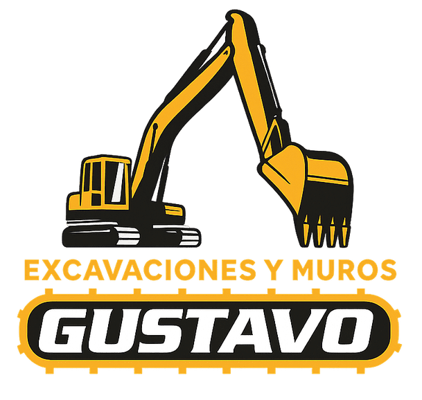 Logotipo de excavadora amarillo y negro con el texto "Excavaciones y Muros Gustavo" sobre fondo blanco.