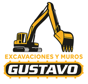 Logotipo de excavadora amarillo y negro con el texto "Excavaciones y Muros Gustavo" sobre fondo blanco.