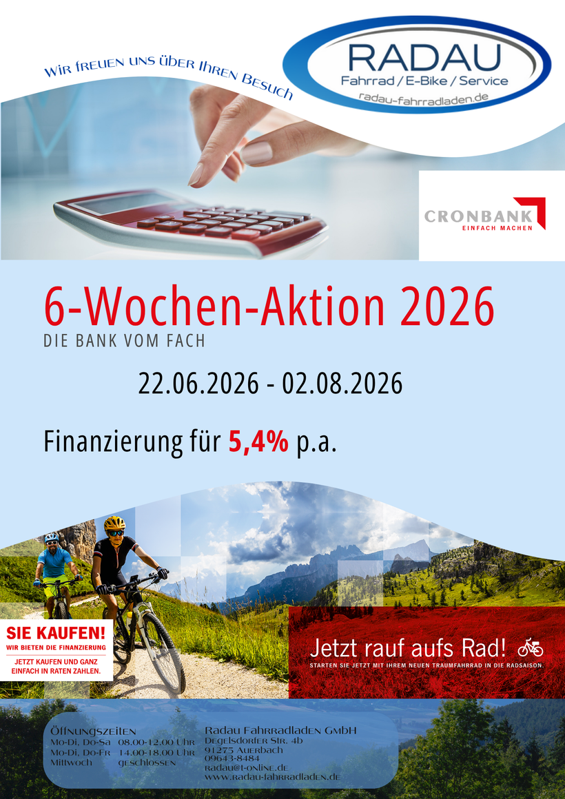 6-Wochen-Aktion Cronbank - Finanzierung für 5,4 p.a. 6-Wochen-Aktion Cronbank - Finanzierung für 5,4 p.a.