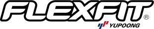 Mustavalkoinen Flexfit-logo ja rekisteröidyn tavaramerkin symboli, alla YuPoong-logo.