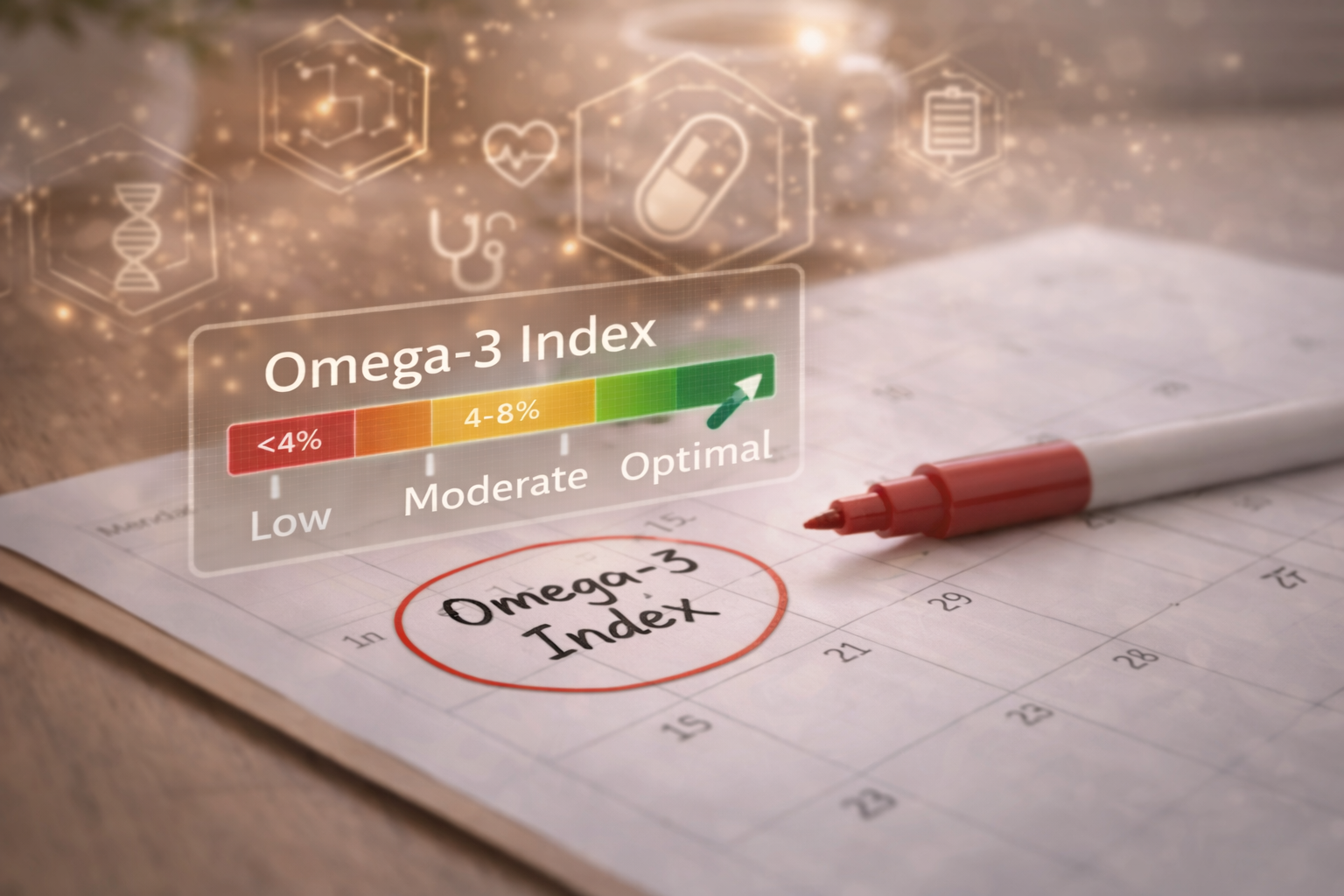 Auf einem Diagramm wurde der „Omega-3-Index“ mit einem roten Stift eingekreist, wobei niedrige, mittlere und optimale Werte angezeigt wurden.
