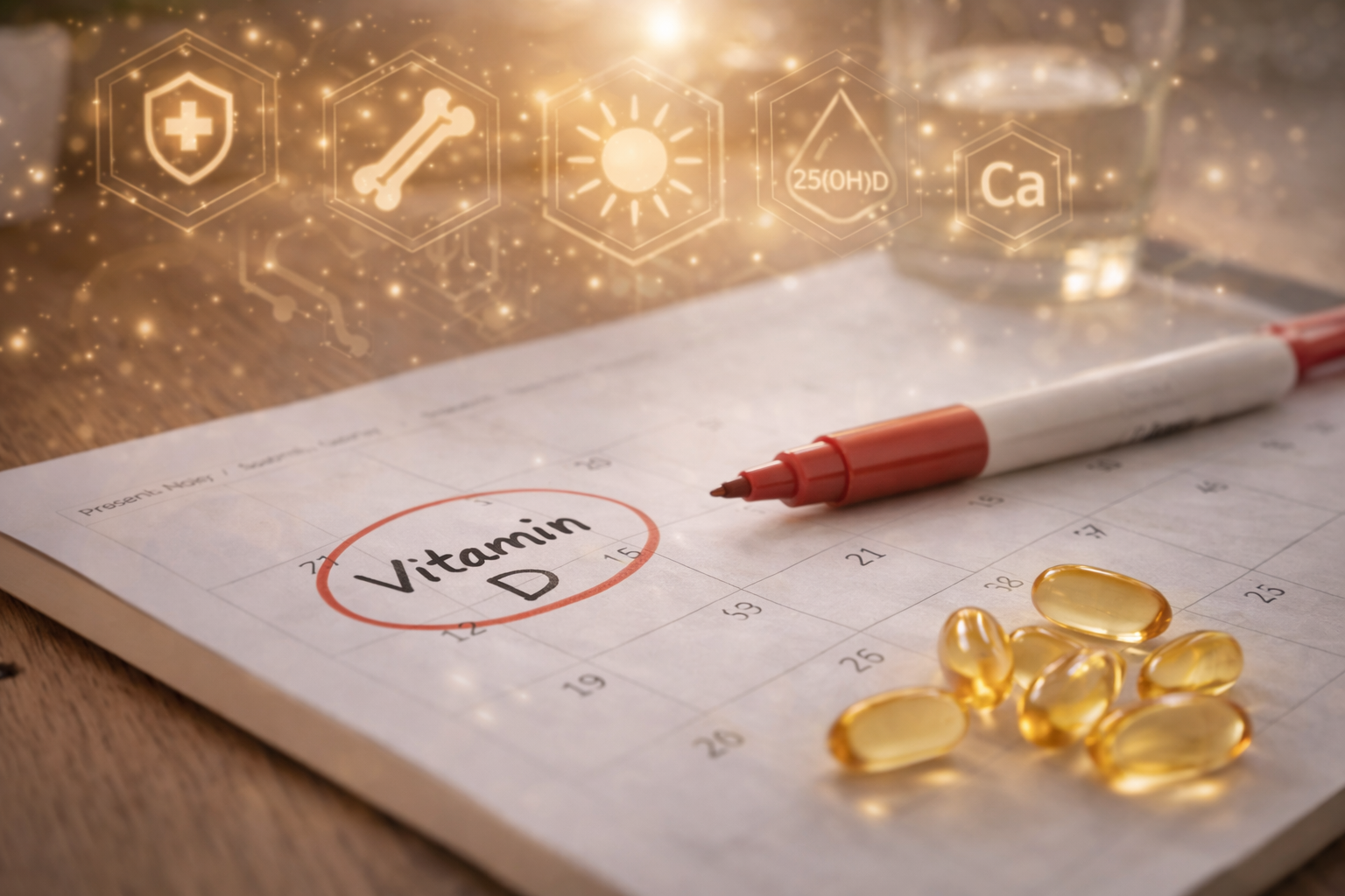 Ein auf einem Zettel eingekreister Hinweis zu Vitaminen liegt neben einem roten Stift und gelben Kapseln, darüber sind schwache Gesundheitssymbole zu sehen.
