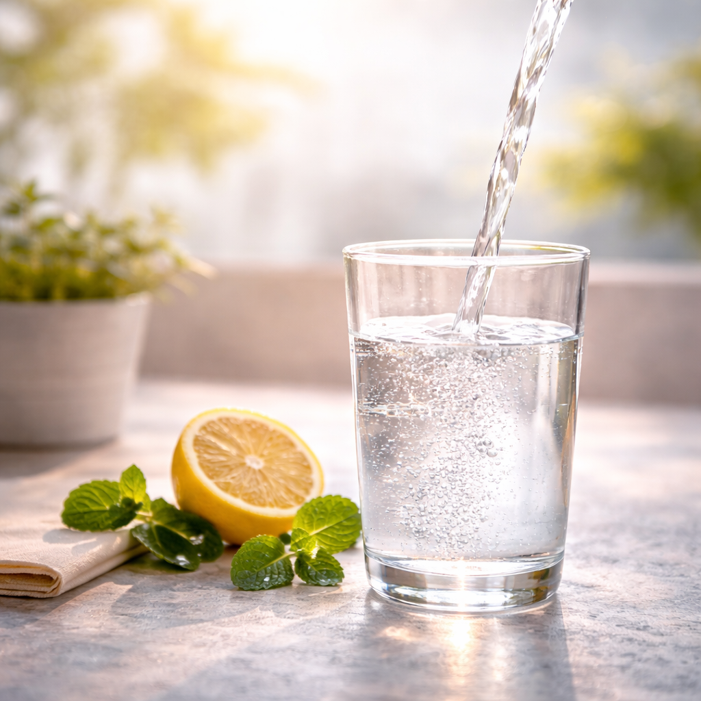 Wasser fließt in ein klares Glas neben einer Zitronenscheibe und Minzblättern auf einem hellen Tisch.