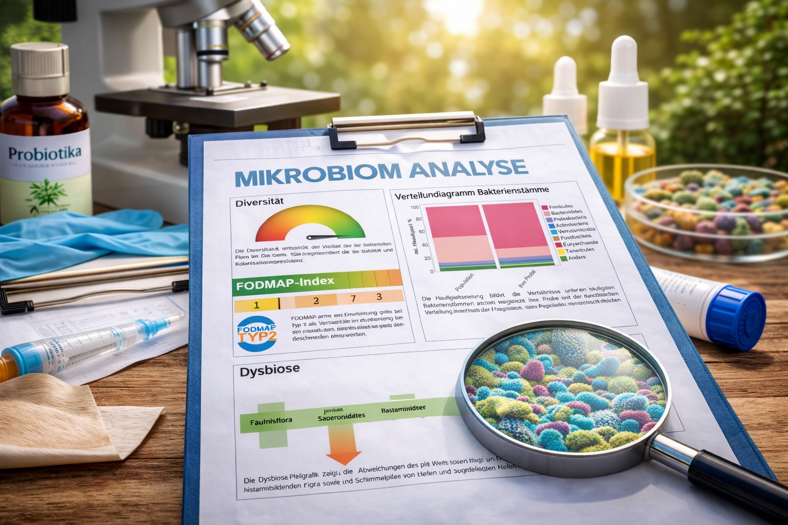 Mikrobiomanalysebericht auf einem Labortisch mit Petrischale, Pipette und farbigem Probendiagramm