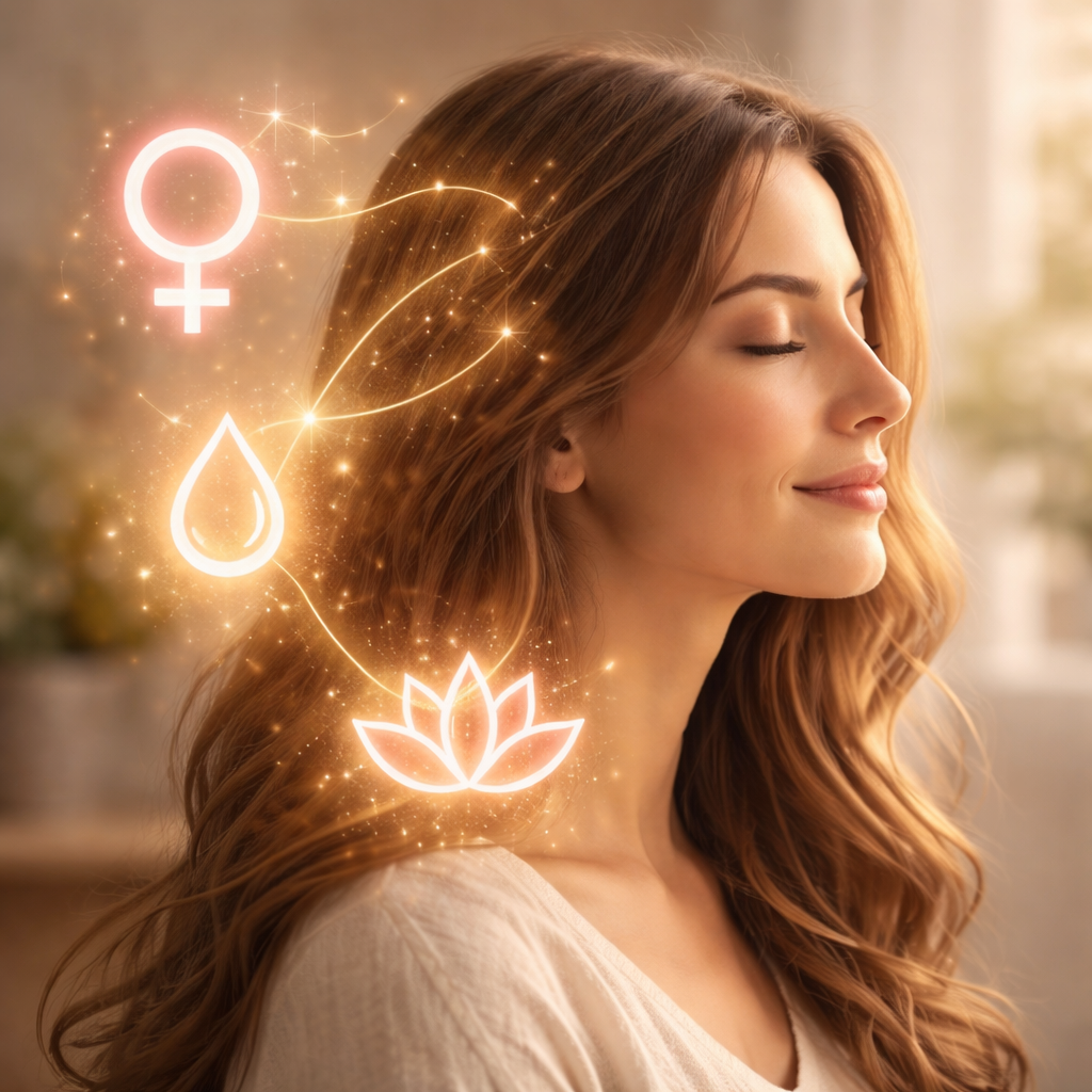 Frau in warmem Licht, umgeben von leuchtenden Wellness-Symbolen und einer Lotusblume neben sich, die Augen geschlossen und sanft lächelnd