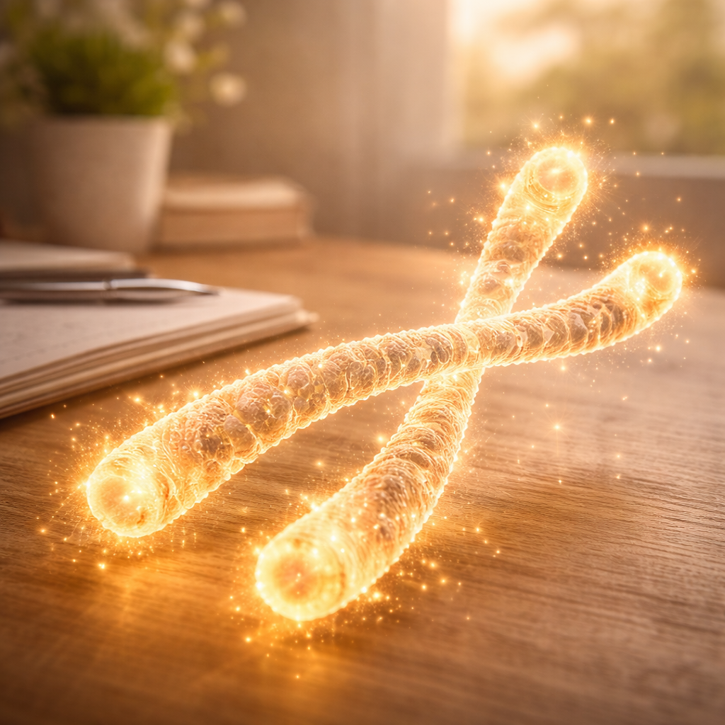 Eine leuchtend goldene DNA-Doppelhelix auf einem Holzschreibtisch in einem warmen, sanft beleuchteten Raum