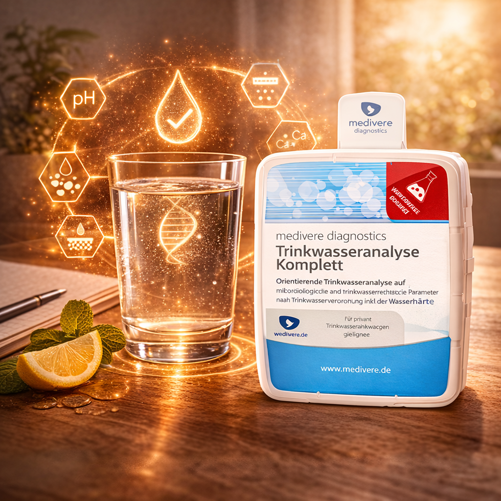 Ein Wassertest-Set steht auf einem Holztisch neben einem Glas Wasser; im Hintergrund leuchten Zitronen- und Chemie-Symbole.