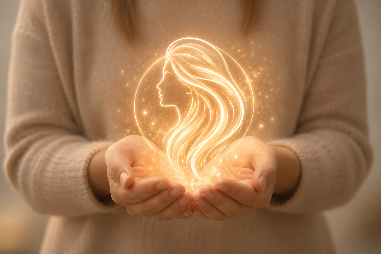 Hände, die eine leuchtende goldene Silhouette einer Frau aus Licht und Glitzer umschließen