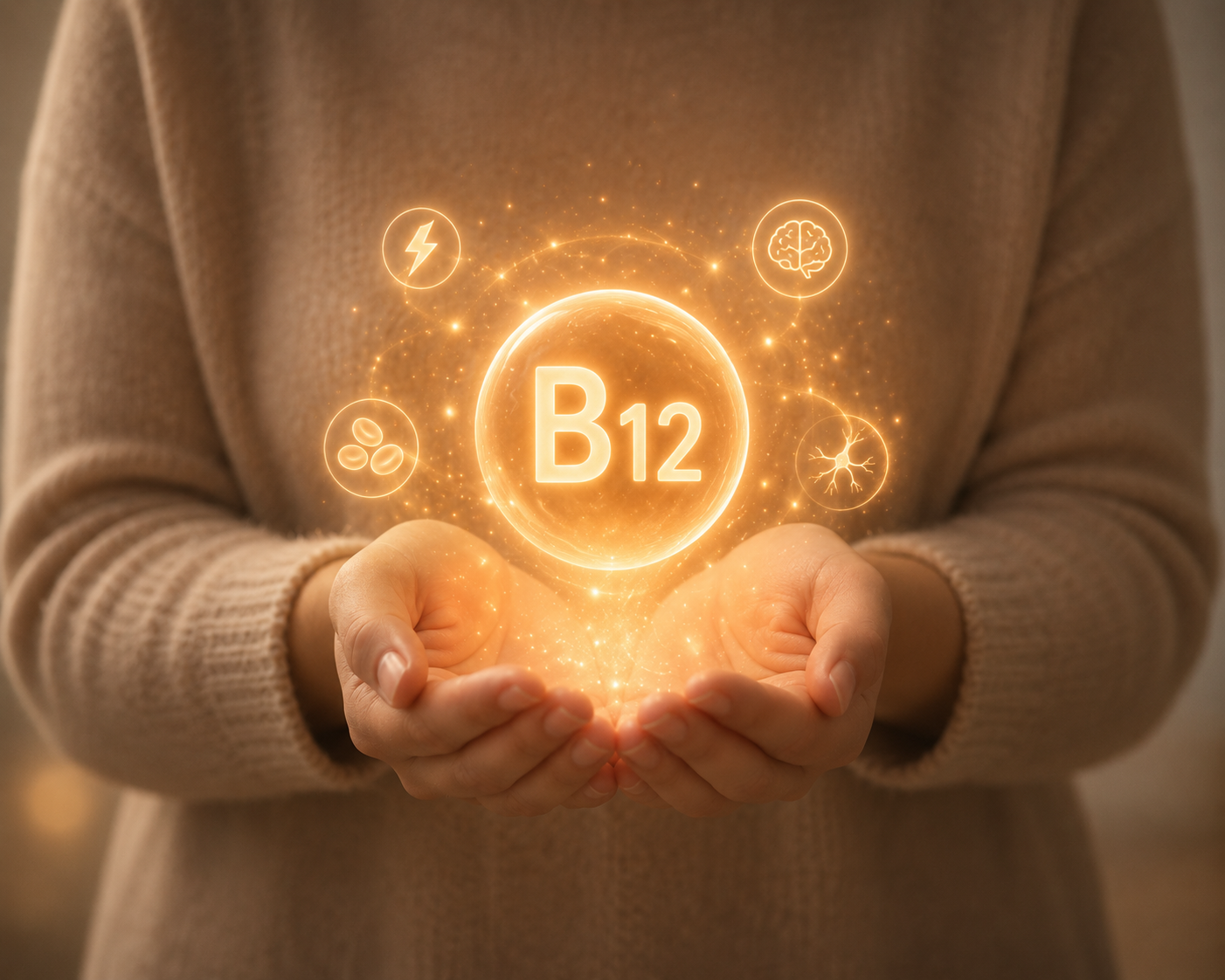 Hände halten ein leuchtendes Vitamin-B12-Symbol mit Glitzer auf warmem beigefarbenem Hintergrund.
