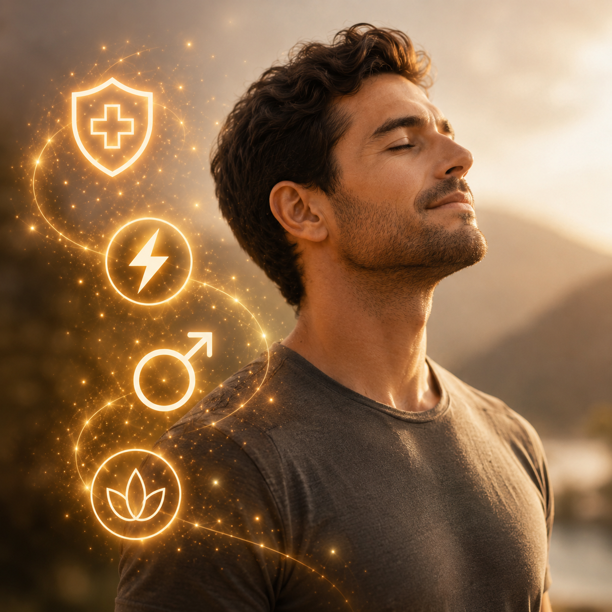 Ein lächelnder Mann im Freien bei Sonnenuntergang, neben ihm leuchtende Symbole für Gesundheit, Energie, Stärke und Wohlbefinden.