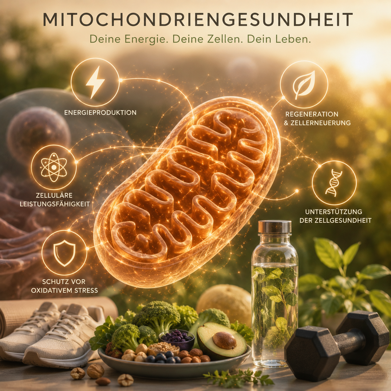 Deutsches Wellness-Poster mit leuchtenden Mitochondrien, Nahrungsergänzungsmitteln, Turnschuhen, Hanteln und Avocado auf einem belaubten Tisch