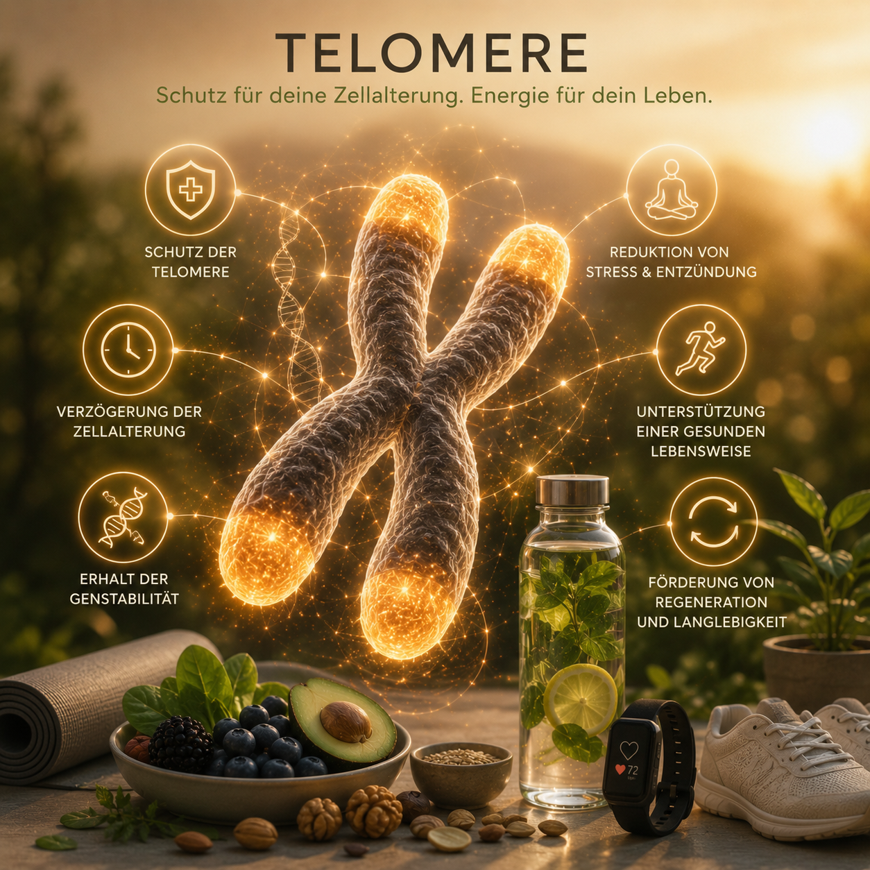 Goldene Telomergrafik mit Nahrungsergänzungsmittelflasche, Avocado, Beeren, Nüssen und Schuhen auf einem Holztisch