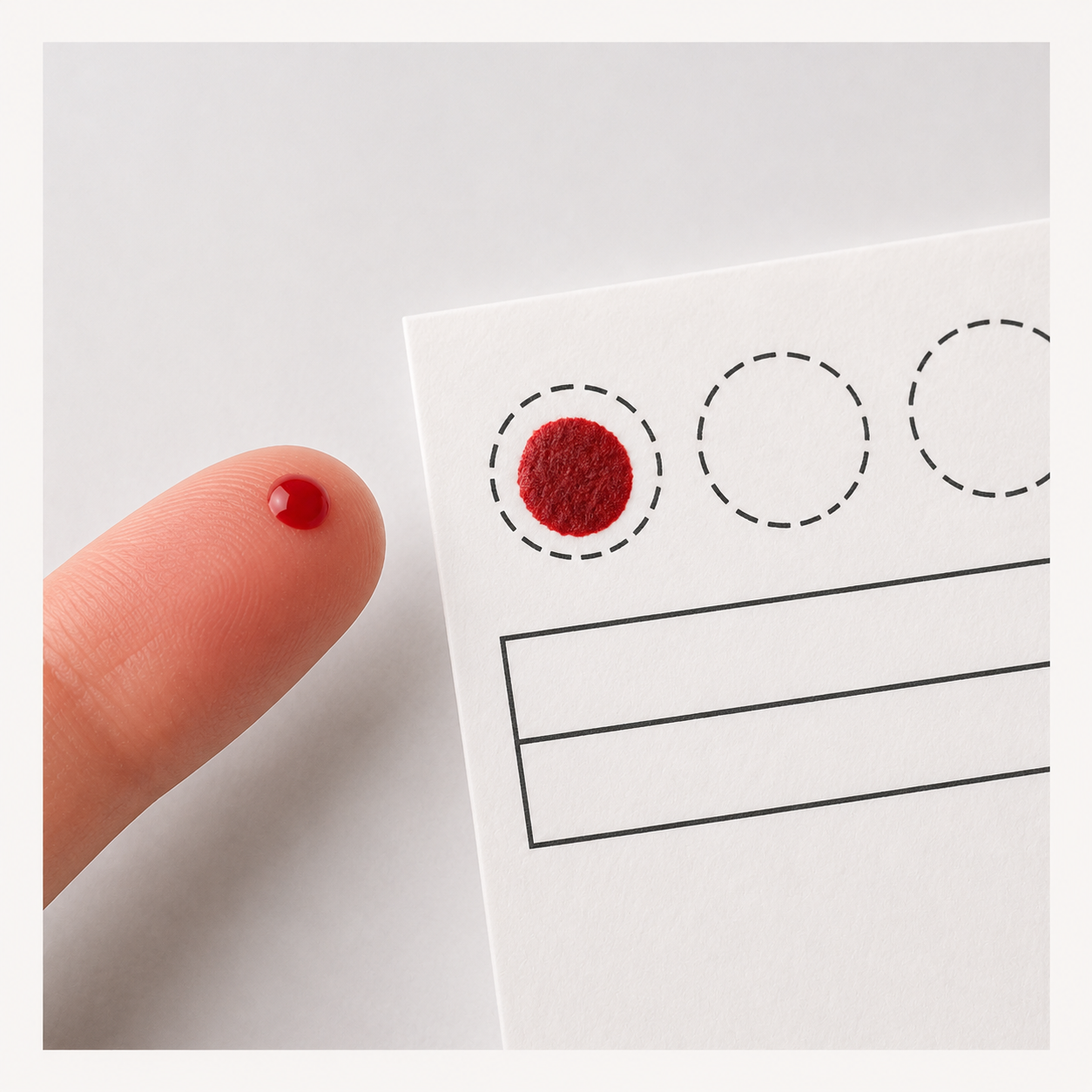 Finger mit rotem Tintenpunkt neben einem Formular mit einem eingekreisten roten Strich und leeren Kontrollkästchen.