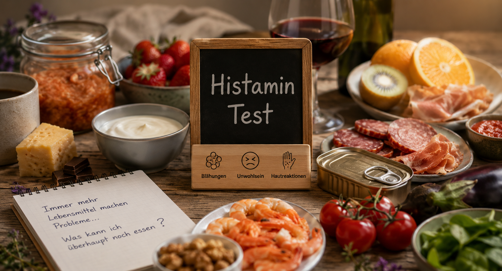 Ein Schild mit der Aufschrift „Histamin-Test“ steht auf einem Tisch mit verschiedenen Lebensmitteln, Getränken und Zutaten, darunter Fleisch, Käse, Obst und Nüsse.