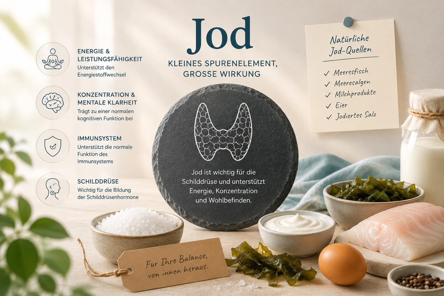 Jod-Hautpflegewerbung mit schwarzem Seifenstück, Meersalz, Salzschale, Kräutern, Eiern und Creme auf einem Tisch
