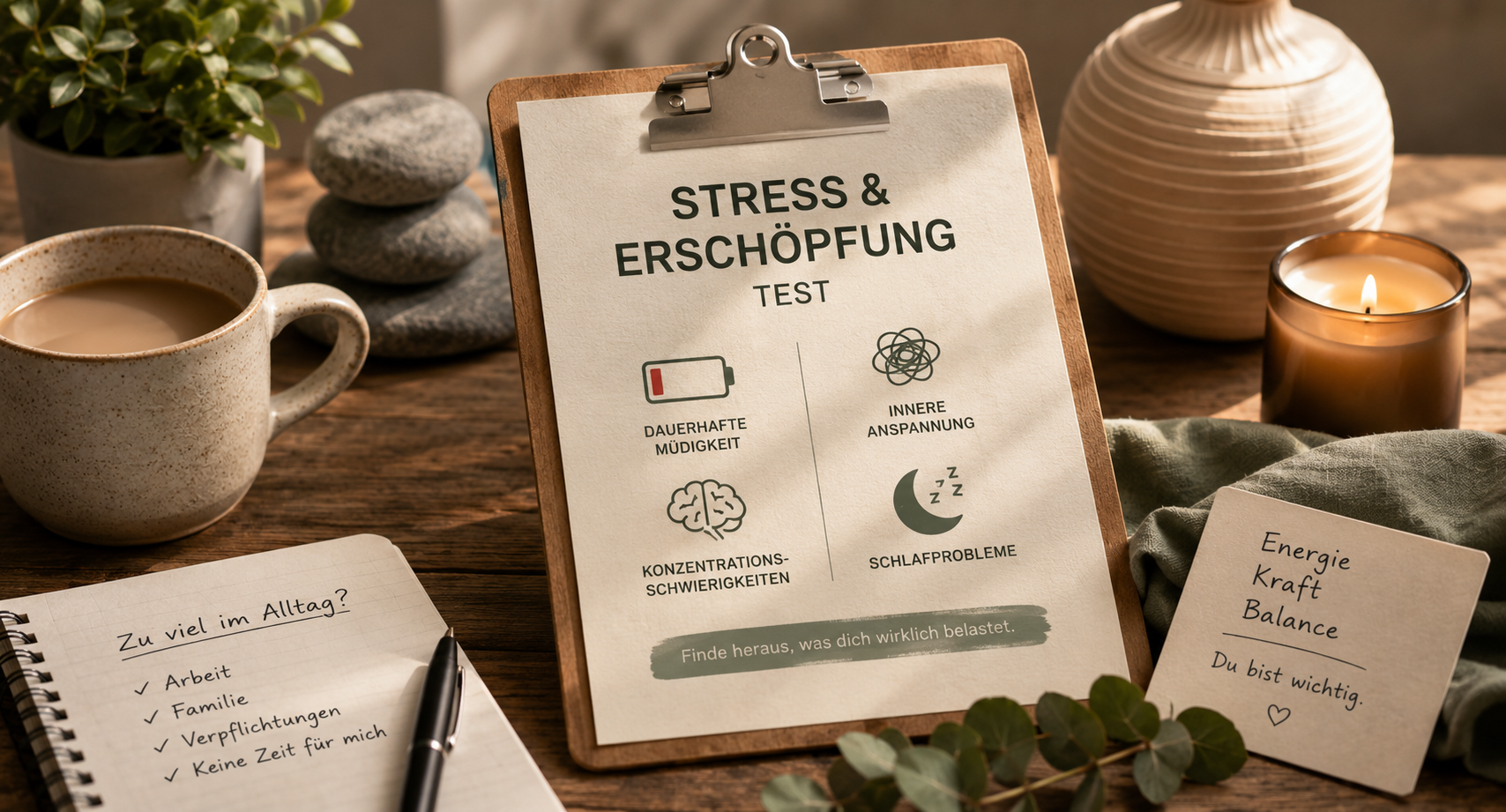 Klemmbrett mit der Aufschrift „Stress- und Erschöpfungstest“ auf dem Schreibtisch, daneben Tee, Kerzen, Steine ​​und ein Notizbuch.