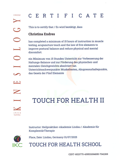 Zertifikat für „Touch for Health II“ mit weißem Hintergrund und schwarzem Text, KCN-Logo und Titel
