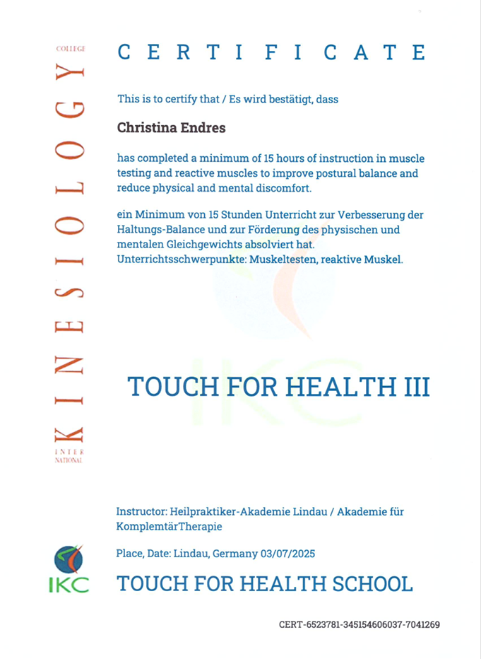 Zertifikat Muskeltest und Haltungsbalance – Christina Endres

