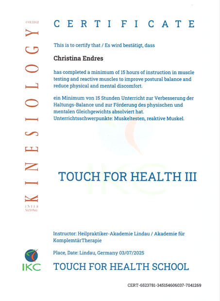 Urkunde für Christine Ebersole von der Touch for Health School, mit blauer und goldener Schrift auf weißem Hintergrund