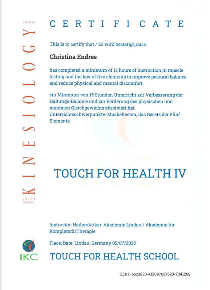 Zertifikat Muskeltest und Haltungsbalance – Christina Endres
