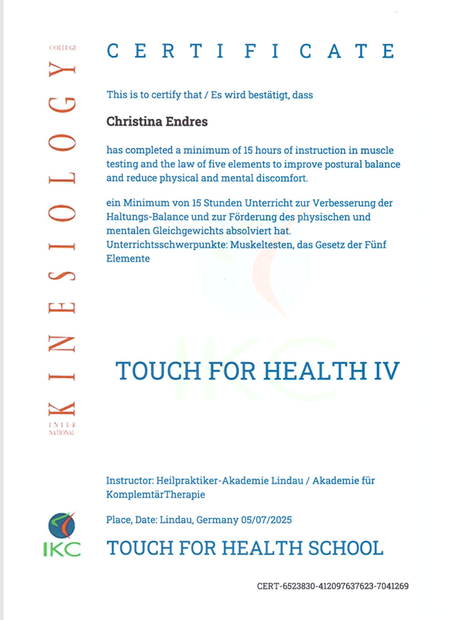 Urkunde für Christiana Endres, Touch for Health IV, mit weißem Hintergrund und türkisfarbenem Text.