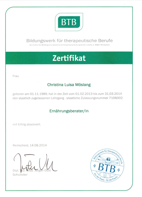 BTB-Zertifizierungsdokument mit grünem Kopfzeilenkopf, deutschem Text, Unterschrift und blauem Stempel
