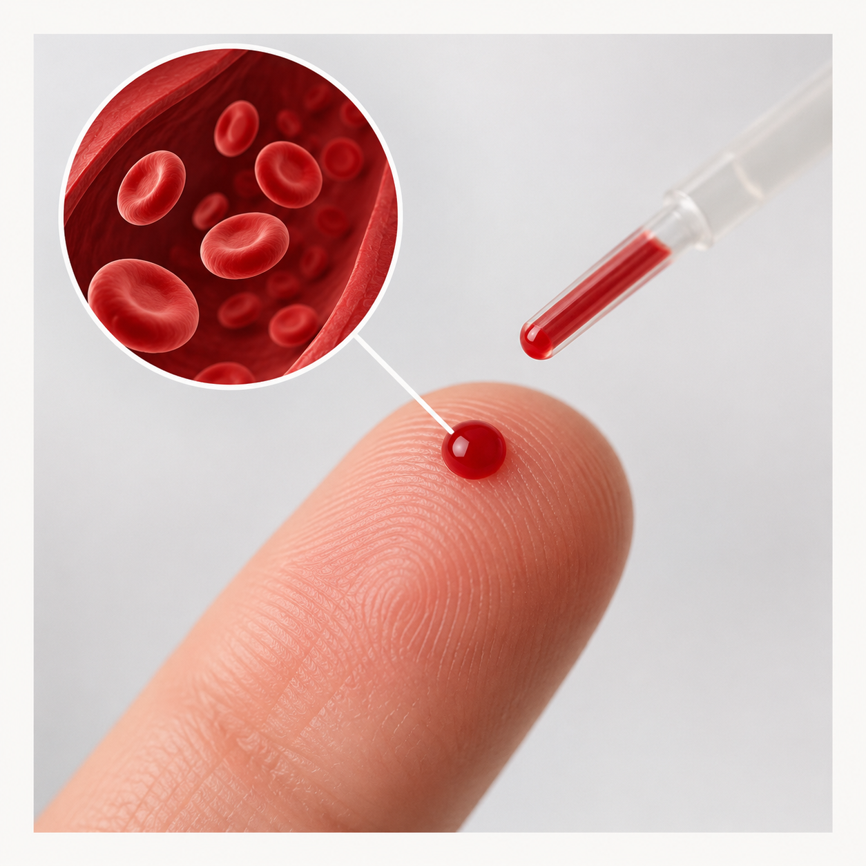 Bluttest mittels Fingerstich mit einem Tropfen Blut und einem Probenröhrchen in der Nähe