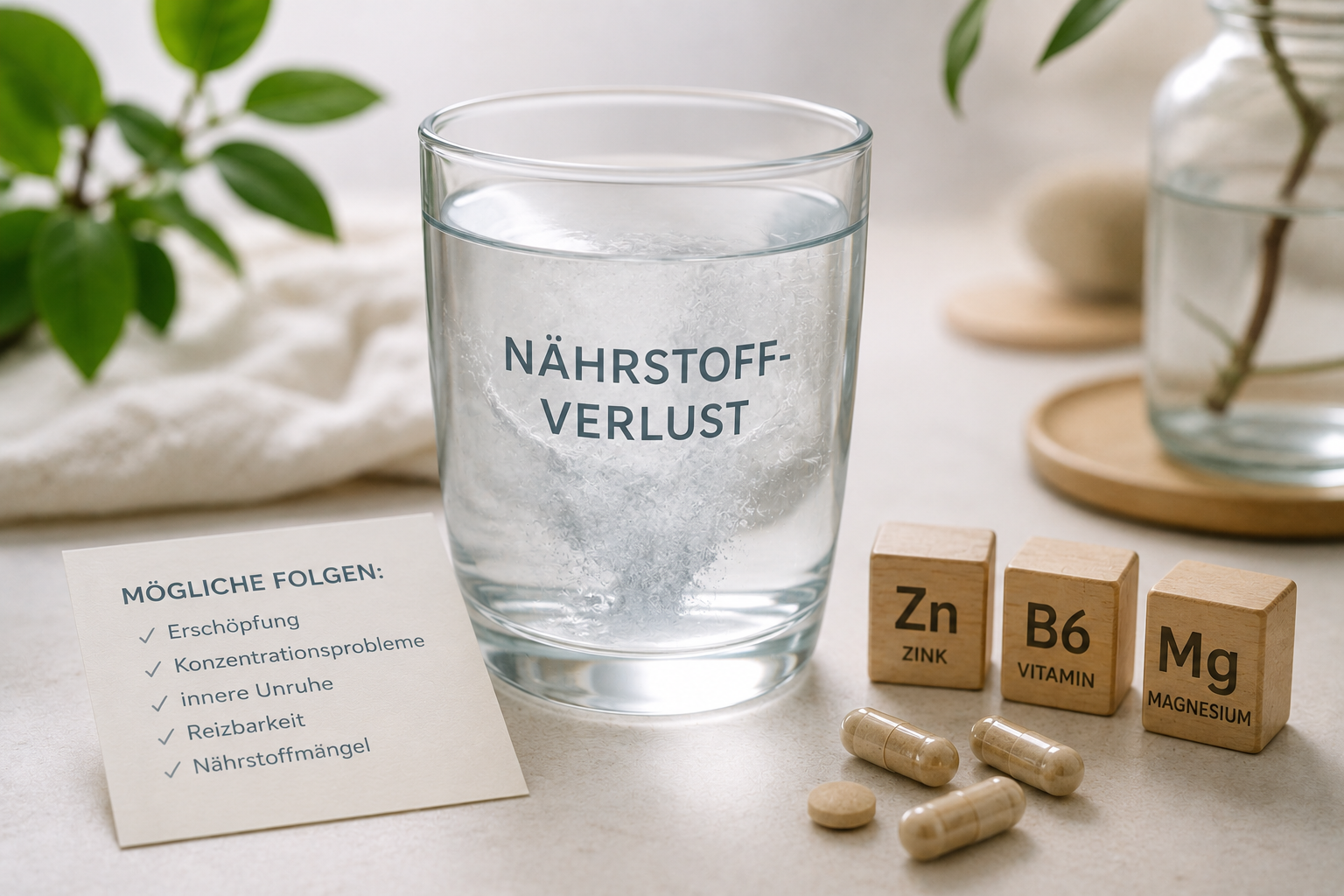 Ein Glas Wasser mit der Aufschrift „NÄHRSTOFF-VERLUST“ steht neben Zink-, Vitamin-B6- und Magnesiumpräparaten auf einem Tisch.