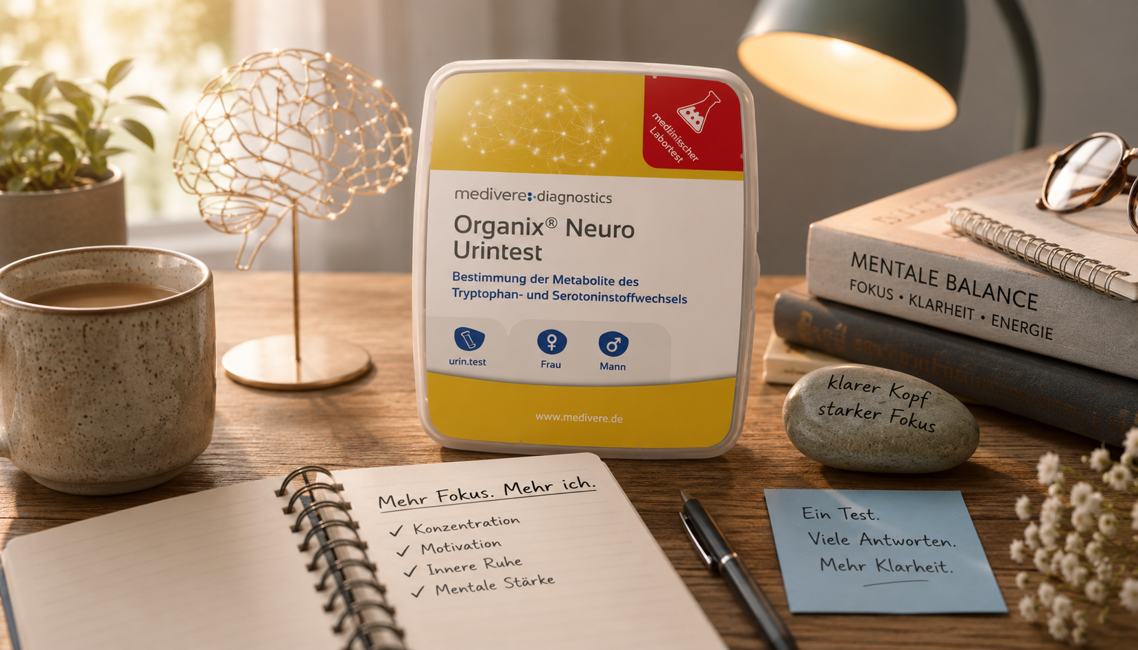 Schreibtischszene mit Notizbuch, Lampe, Pflanze und einer Packung mit der Aufschrift „Bio-Naturnährstoffe“.