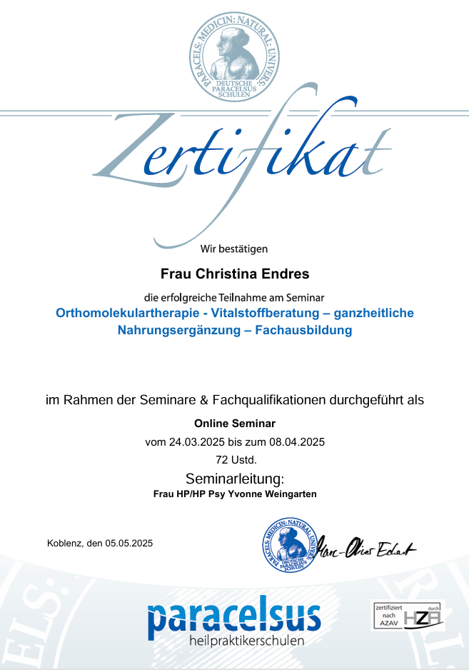 Zertifikat Orthomolekulare Beratung – Christina Endres
