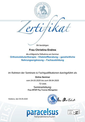 Deutsche Urkunde mit blauer Aufschrift „Zertifikat“ und Paracelsus-Logo, verliehen an Frau Christin Endres.