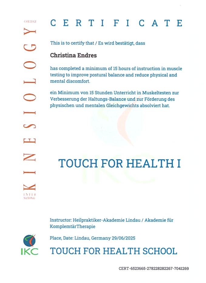 Zertifikat Muskeltest und Haltungsbalance – Christina Endres
