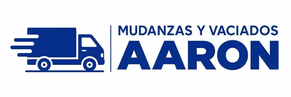 Logotipo azul y blanco de «MUDANZAS Y VACIADOS AARON» con un camión de mudanzas.