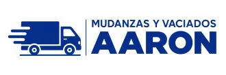 Logotipo azul y blanco de «MUDANZAS Y VACIADOS AARON» con un camión de mudanzas.