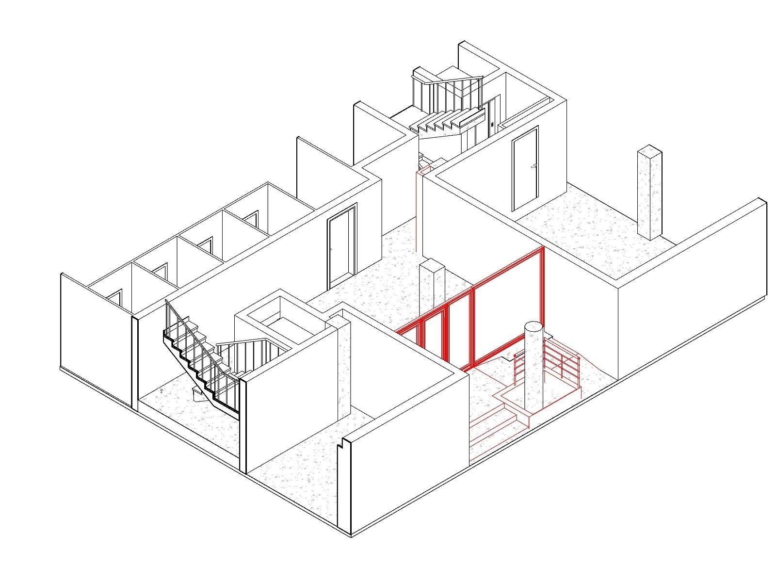 Vista isométrica del interior de un edificio, que muestra escaleras, paredes y una ventana delineada en rojo.