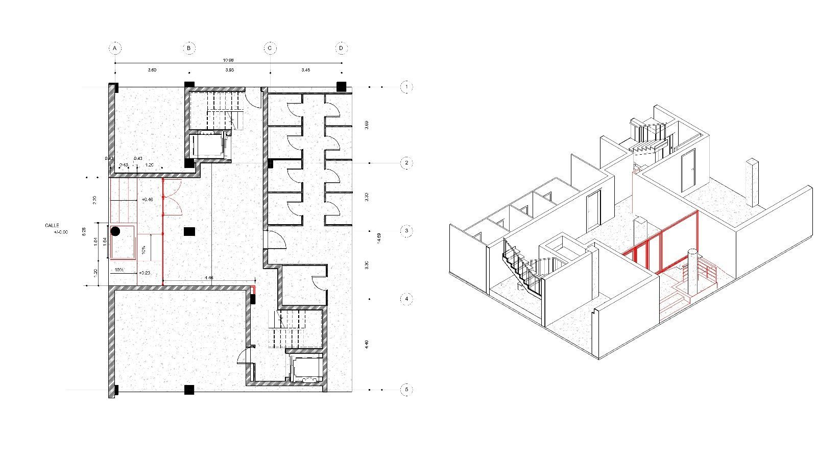 Plano de planta y vista en 3D de la distribución interior de un edificio, que muestra habitaciones, pasillos y una sección de pared roja resaltada.