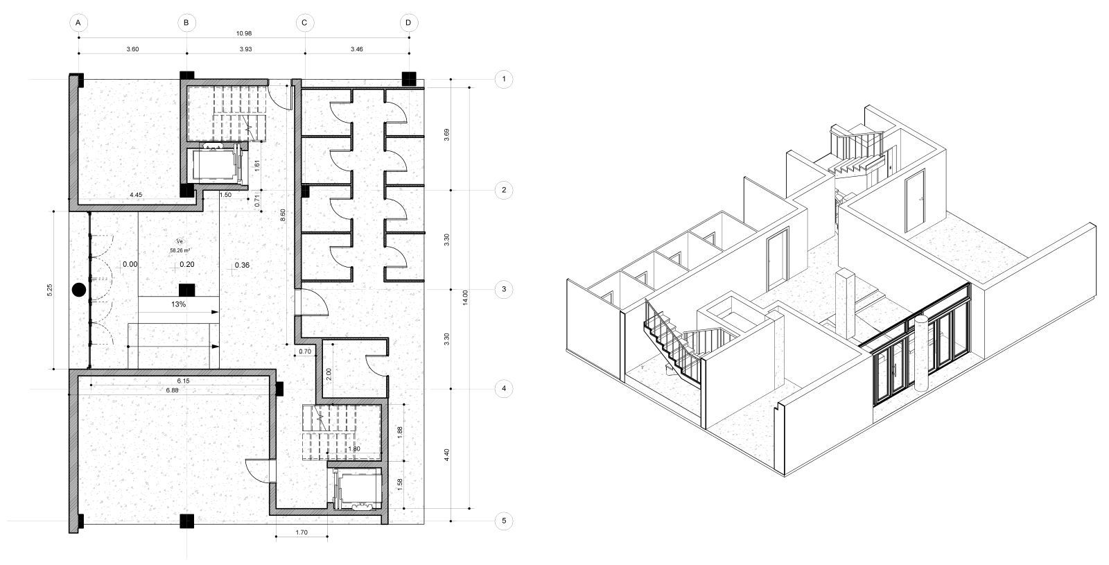 Plano arquitectónico y vista isométrica 3D de un edificio, que muestra habitaciones, escaleras y distribución del edificio.