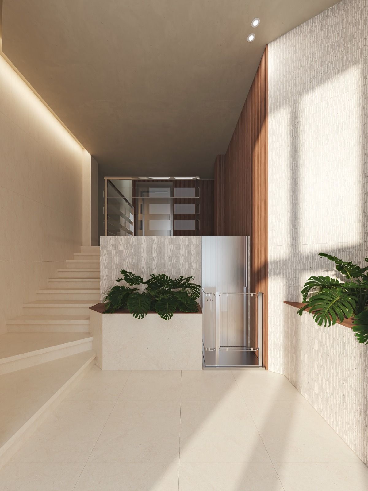 Entrada moderna con azulejos blancos, detalles de madera y plantas. Escaleras que conducen al nivel superior.