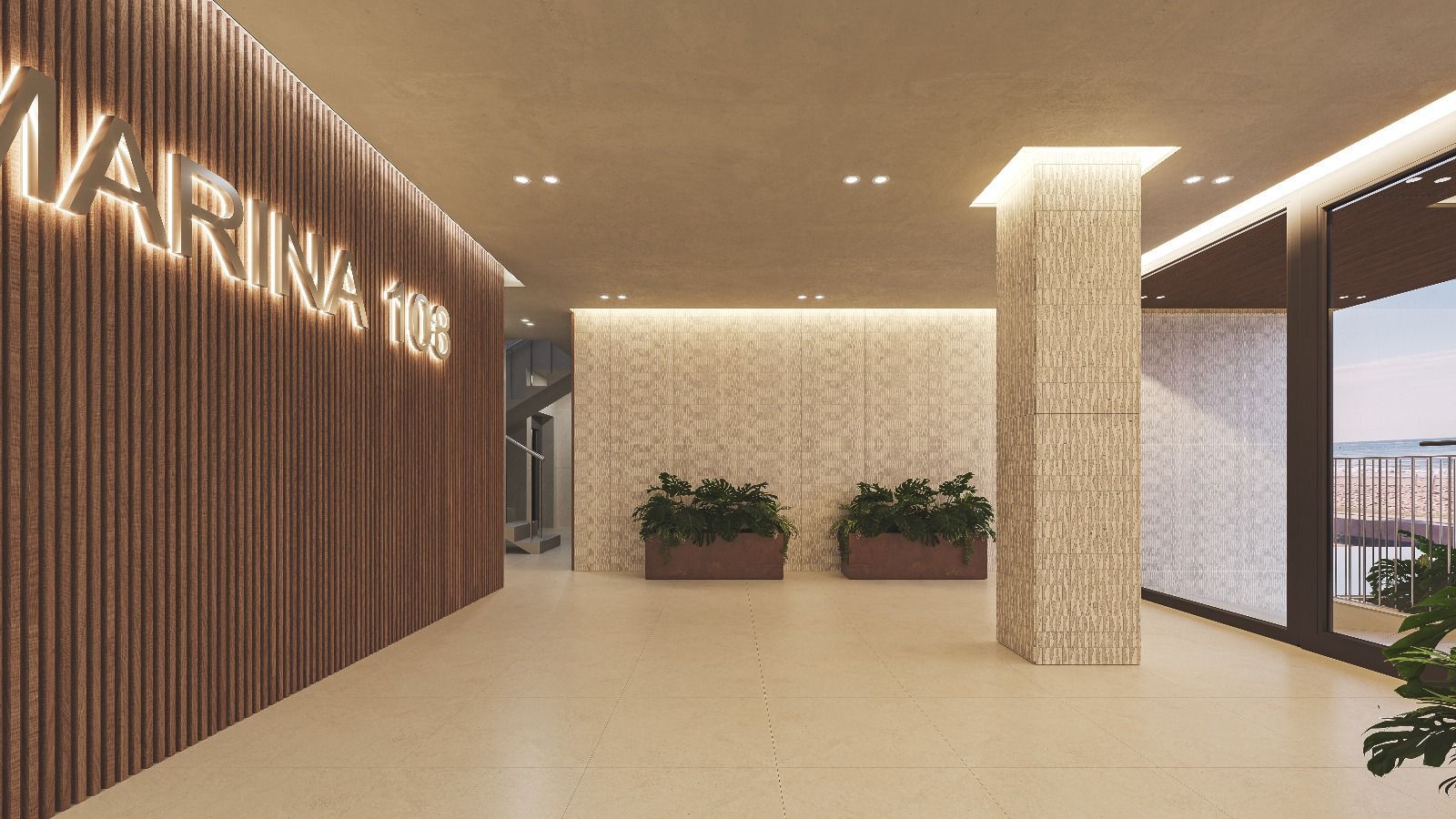 Lobby con paneles de madera, pared de mosaico, plantas en macetas y el nombre “Marina 1105” iluminado en la entrada.