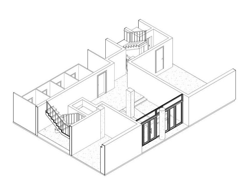 Dibujo arquitectónico isométrico de una casa de dos pisos con escaleras y ventanas.