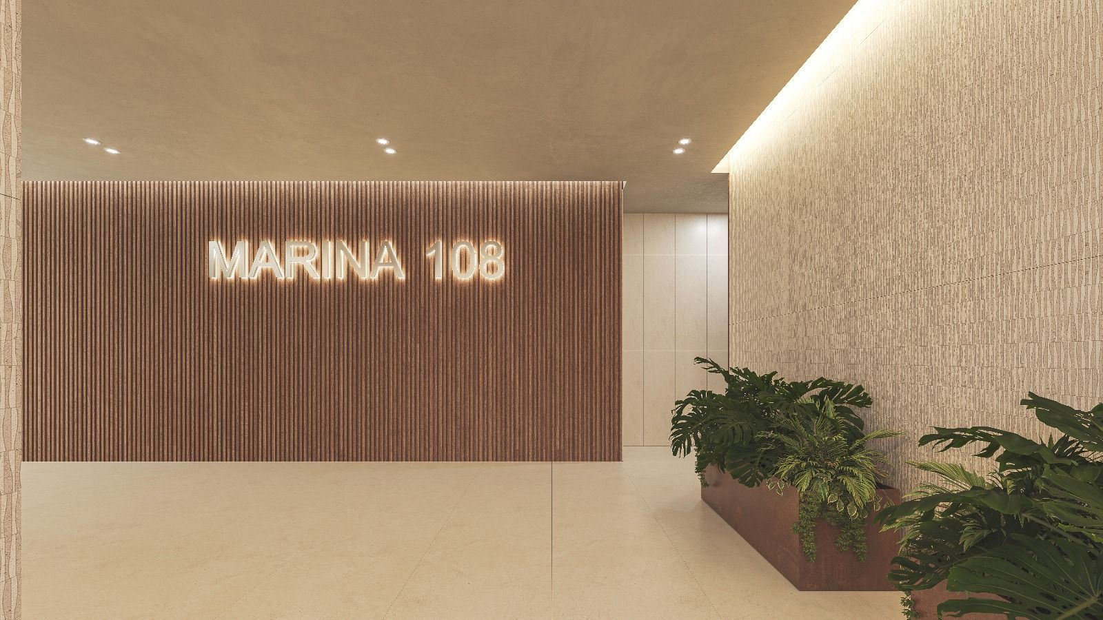Entrada con pared de paneles de madera, letrero “Marina 108”, pared texturizada, plantas en macetas, tonos neutros.