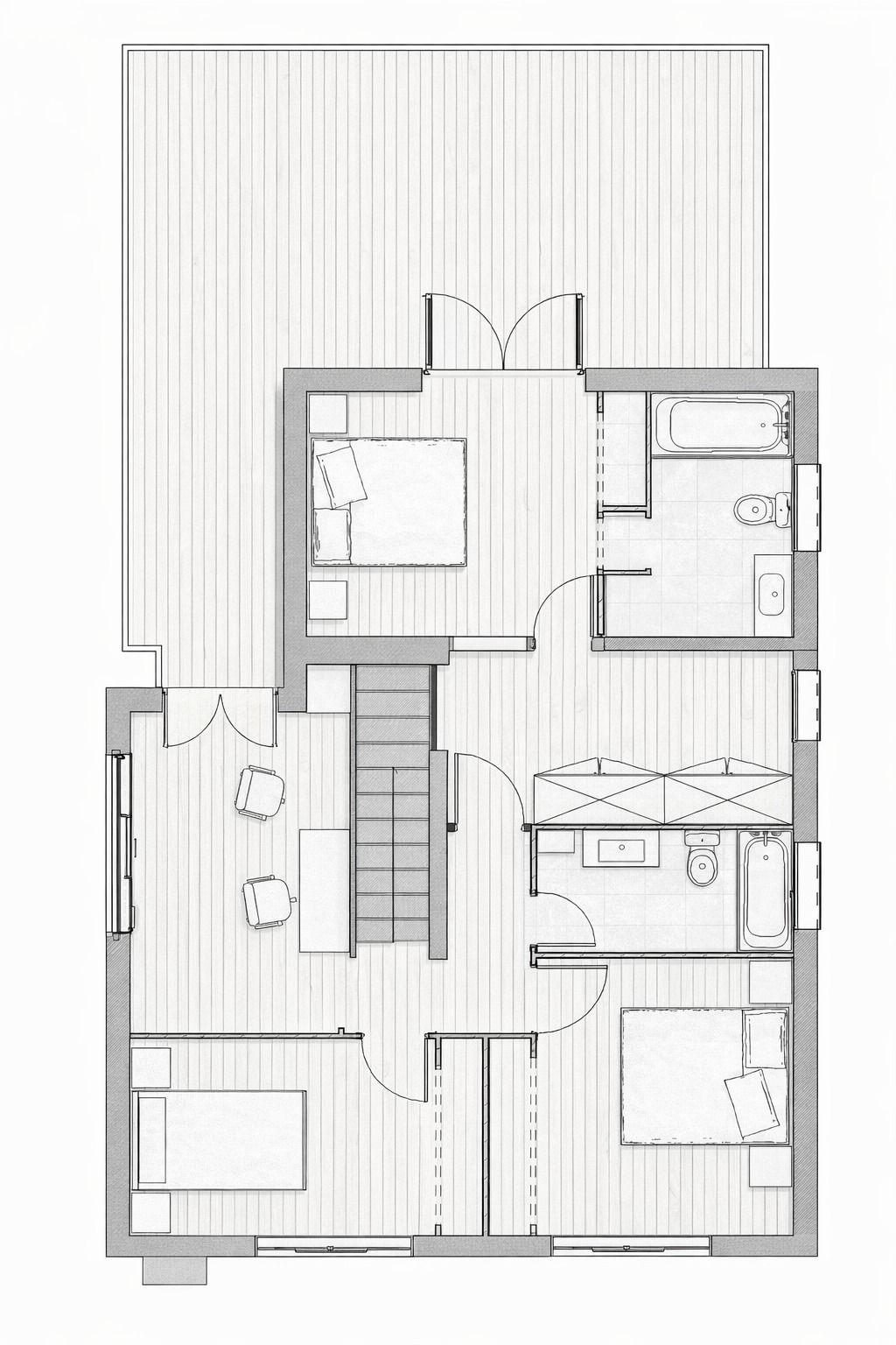 Plano de una casa de dos pisos, que muestra los muebles y la distribución en rojo.