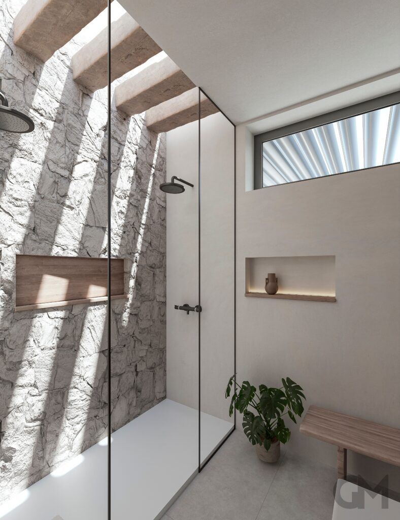 Un baño con ducha a ras de suelo y ventana.