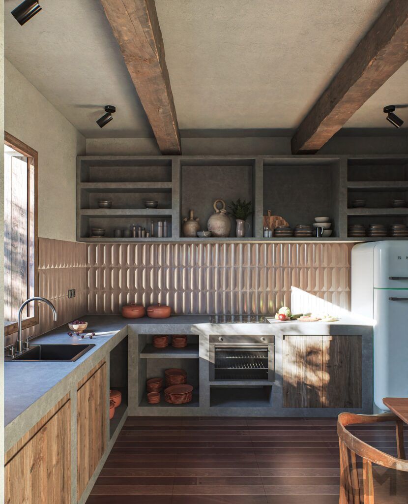 Cocina rústica con vigas de madera, gabinetes y salpicadero en tonos neutros. Luminosa, con encimera y horno oscuros.