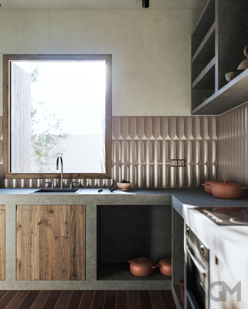 Una cocina con muebles de madera y una gran ventana.