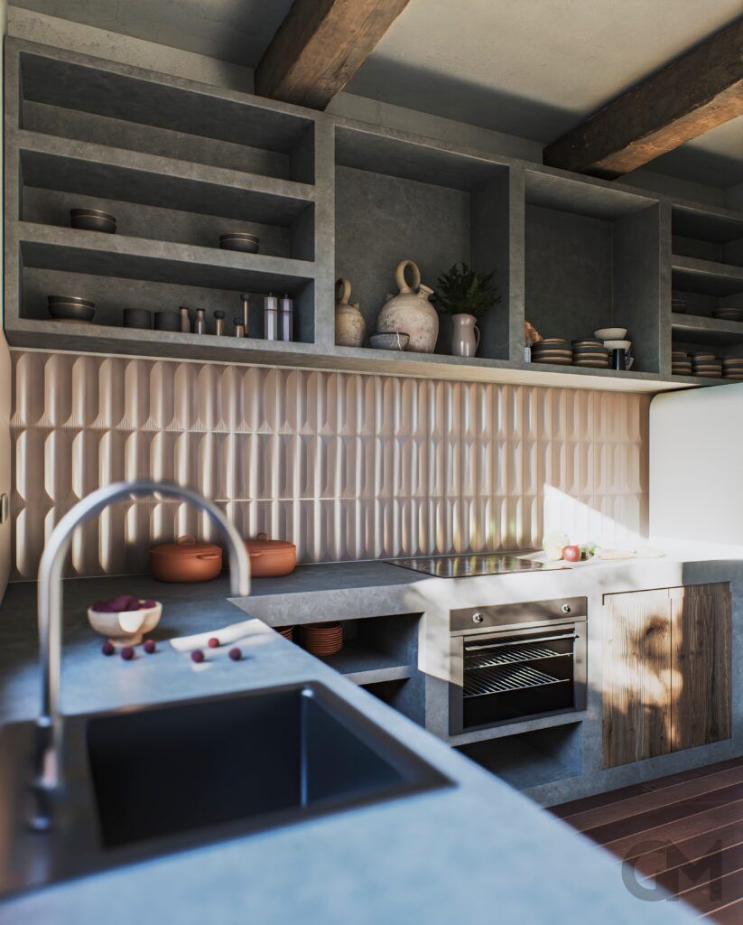 Una cocina con fregadero y horno.