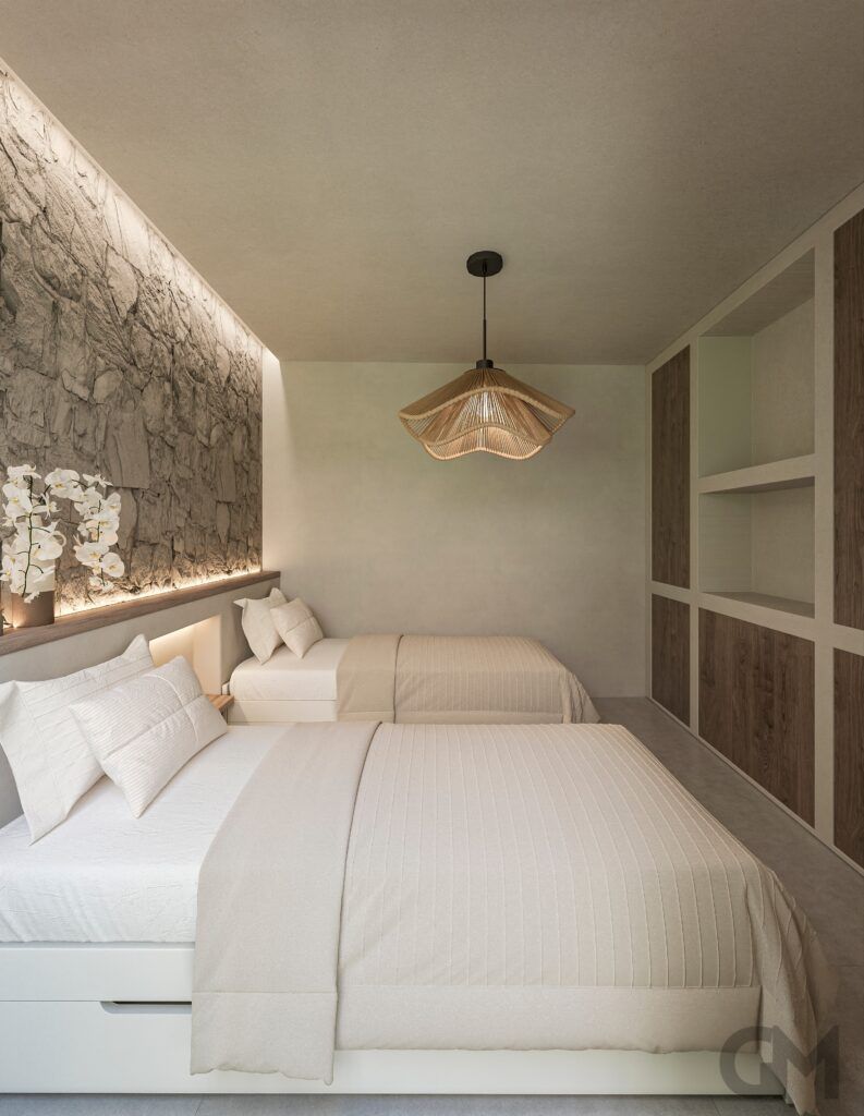 Un dormitorio con dos camas y una lámpara de techo.