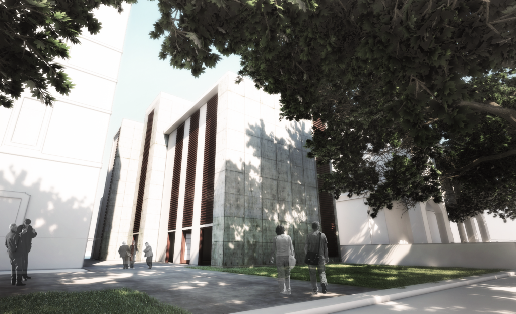 Exterior de edificio moderno con personas, árboles y fachada de hormigón claro.