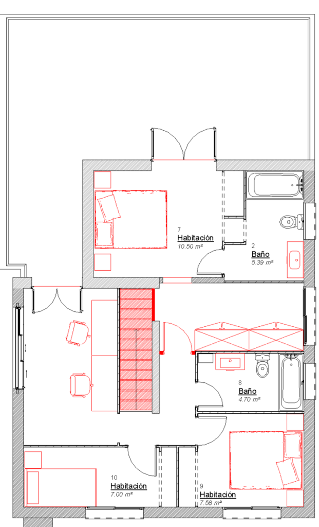 Plano de planta que muestra una casa de dos pisos, dormitorios, baños y una escalera.