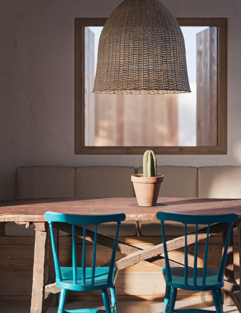 Una mesa de madera con dos sillas azules y un cactus en maceta sobre ella.
